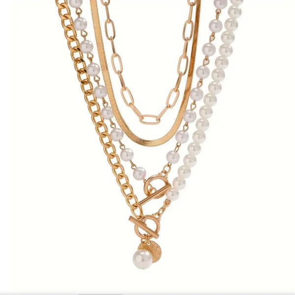 Vintage Pearl & Gold Snake Chain Necklace Set