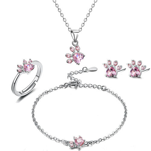 Rose Gold Paw Jewelry Set | 4 Pieces with Zirconia Heart (Ring, Necklace, Earrings, Bracelet)