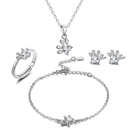 Rose Gold Paw Jewelry Set | 4 Pieces with Zirconia Heart (Ring, Necklace, Earrings, Bracelet)