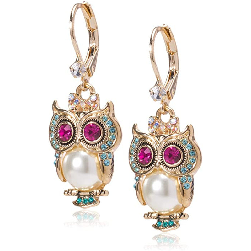 Vintage Owl Crystal Earrings | Gold-Plated, Hand-Set Crystals & Pearl Detail