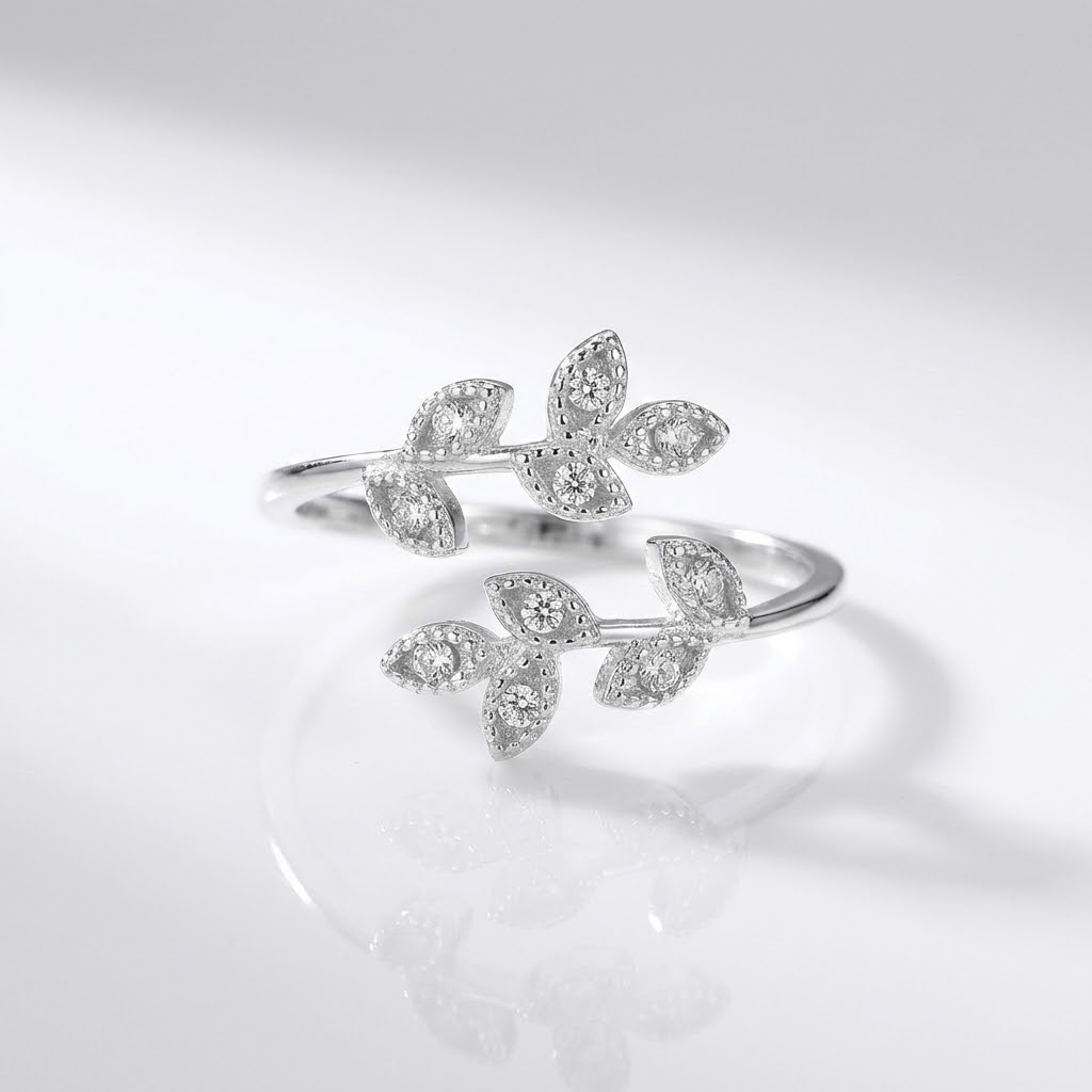 Silver Zirconia Leaf Wrap - (Adjustable)