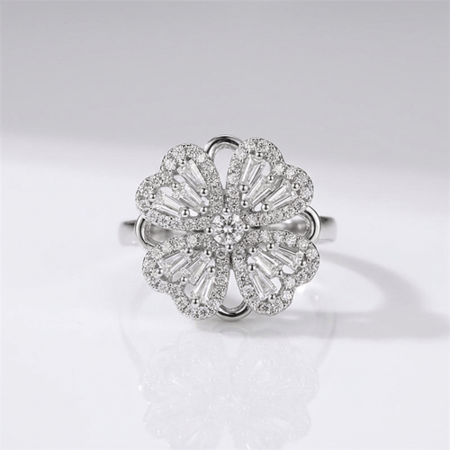 Baguette Zirconia Rotating Flower Ring - (Adjustable)