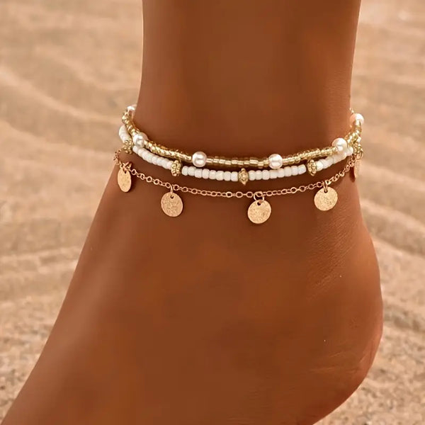 Coastal Charm 3-Piece Layered Anklet Set | Gold