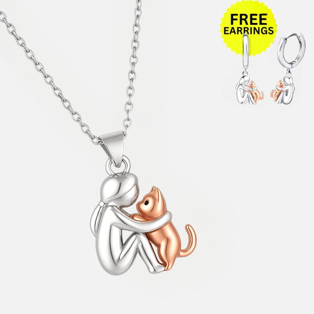 Cat Hug Pendant Necklace with Bonus Earrings | Limited Time Offer
