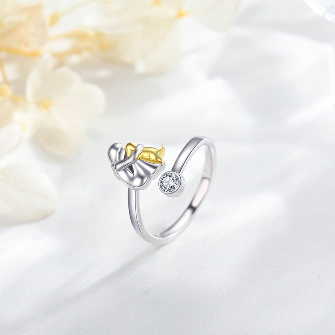 925 Sterling Silver Dog Ring wit Zirconia | Adjustable & Handmade