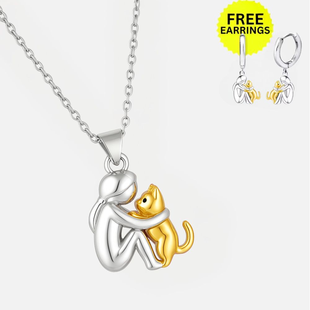 Cat Hug Pendant Necklace with Bonus Earrings | Limited Time Offer
