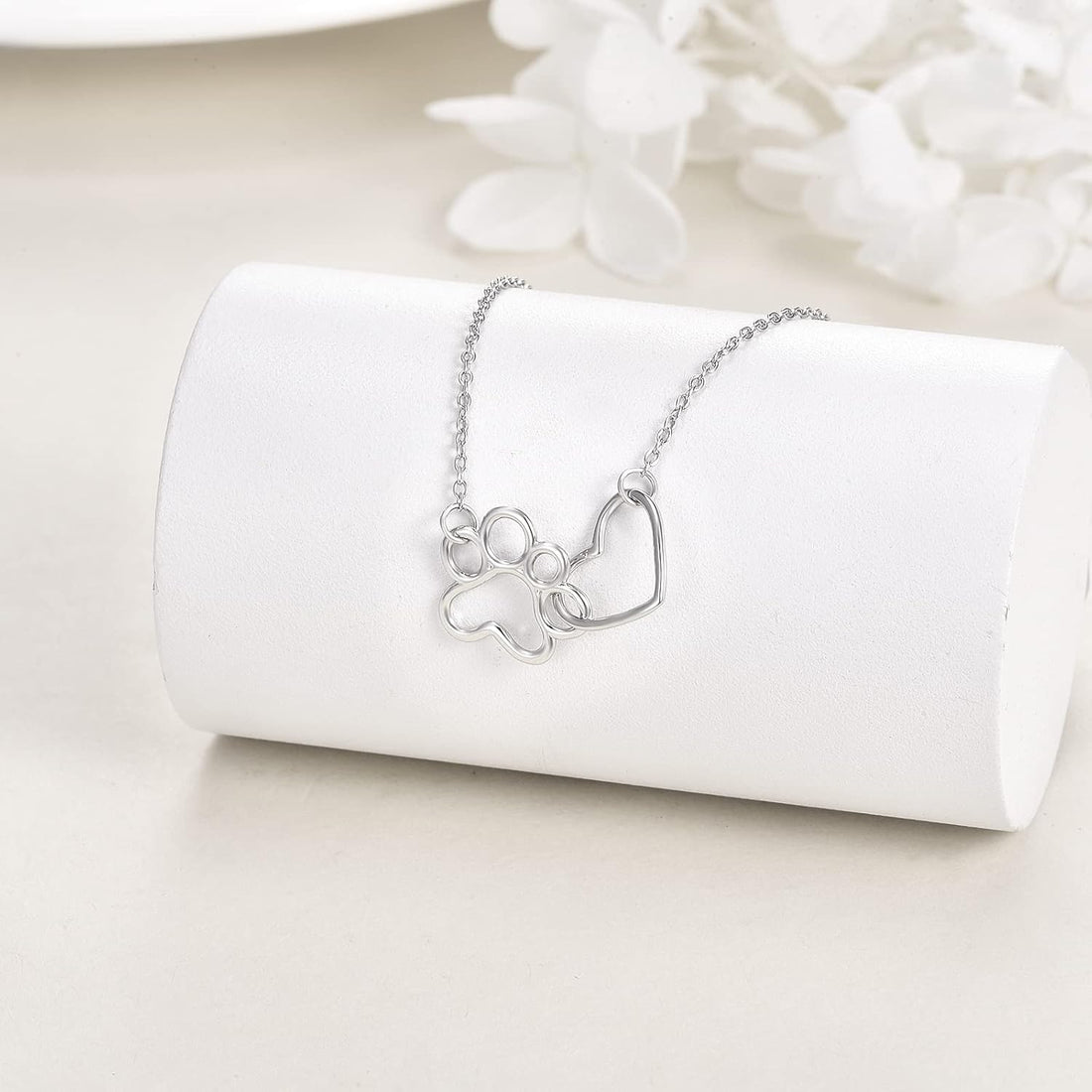 Sterling Silver Paw Print Necklace | Heart Crystal Pendant