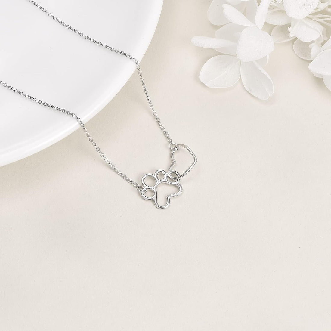 Sterling Silver Paw Print Necklace | Heart Crystal Pendant
