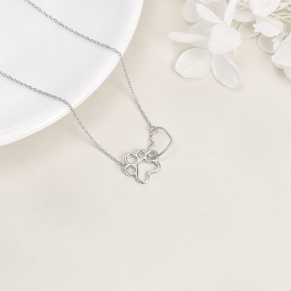 Sterling Silver Paw Print Necklace | Heart Crystal Pendant