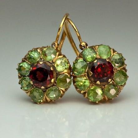 Vintage Rounded Green & Red Crystal Earrings | Gold
