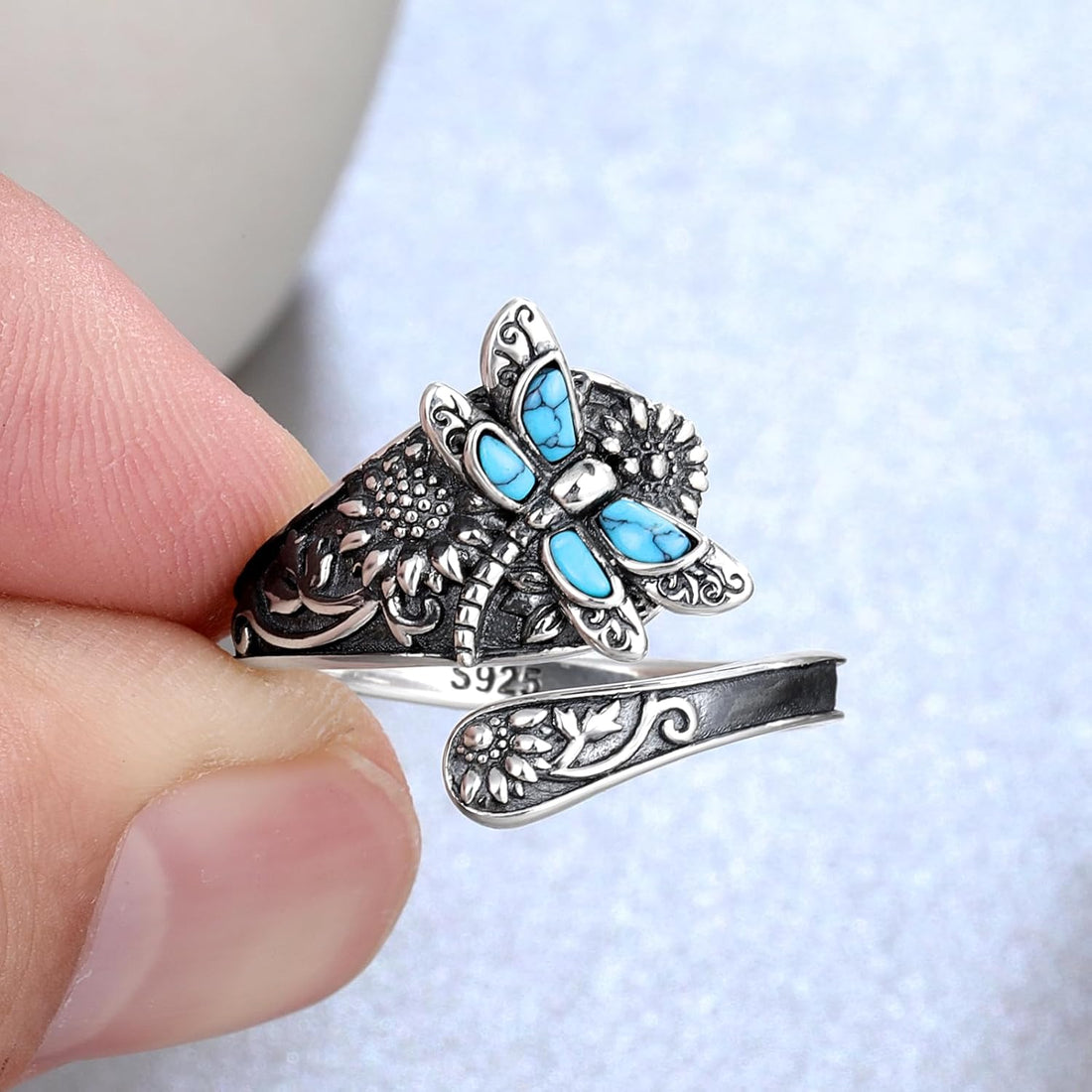 Sterling Silver Turquoise Spoon Ring | Vintage Boho Wrap Ring with Dragonfly