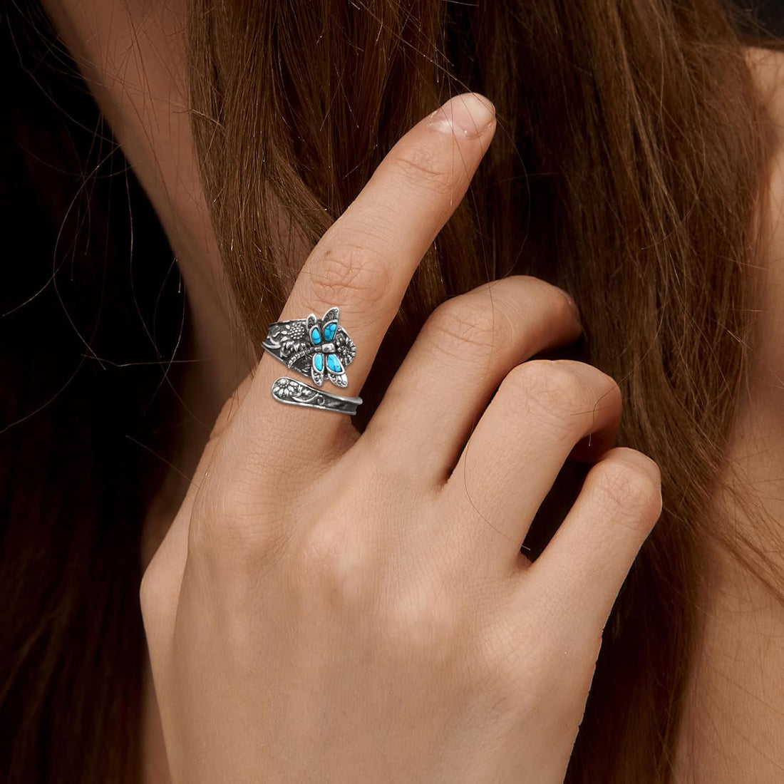 Sterling Silver Turquoise Spoon Ring | Vintage Boho Wrap Ring with Dragonfly