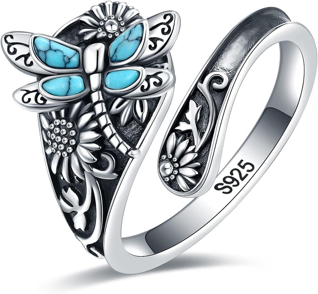 Sterling Silver Turquoise Spoon Ring | Vintage Boho Wrap Ring with Dragonfly