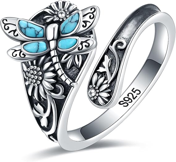 Sterling Silver Turquoise Spoon Ring | Vintage Boho Wrap Ring with Dragonfly