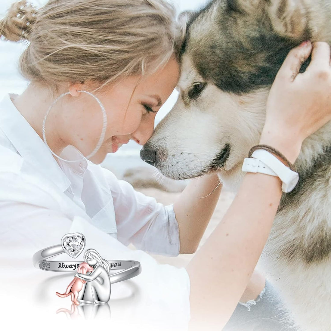 Adjustable Dog Ring in 925 Sterling Silver | “Always in My Heart” with Zirconia