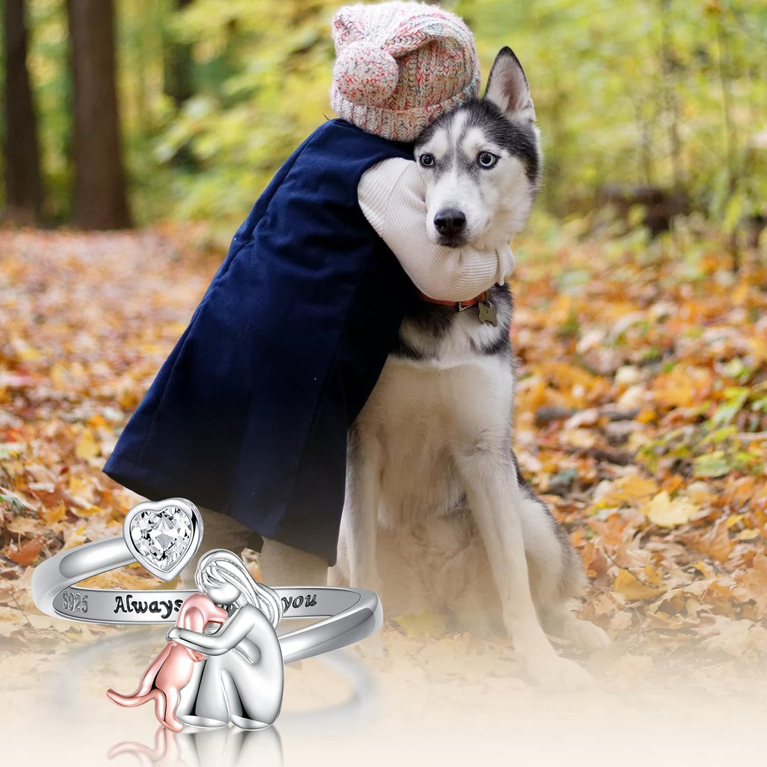 Adjustable Dog Ring in 925 Sterling Silver | “Always in My Heart” with Zirconia