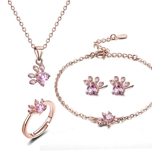 Rose Gold Paw Jewelry Set | 4 Pieces with Zirconia Heart (Ring, Necklace, Earrings, Bracelet)