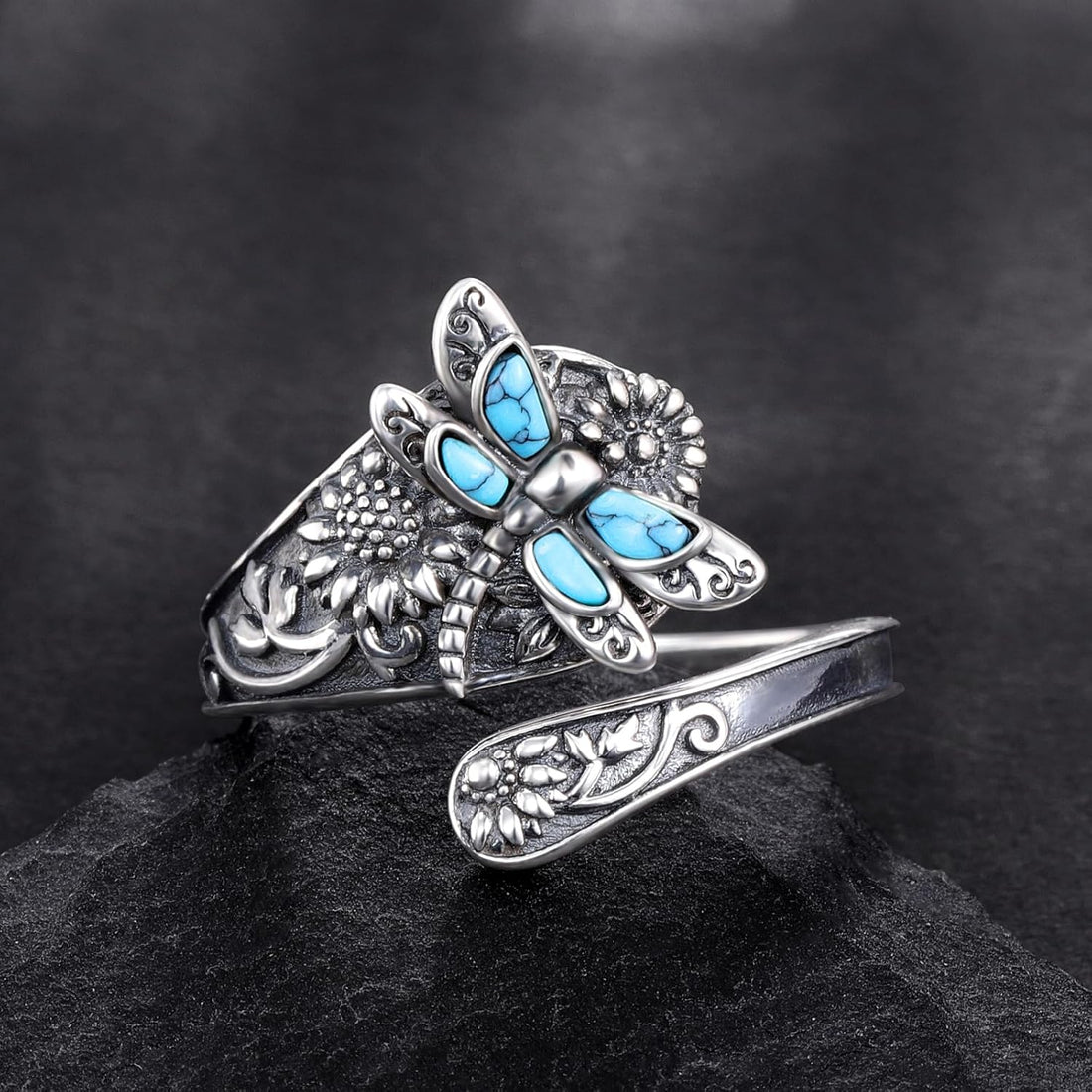 Sterling Silver Turquoise Spoon Ring | Vintage Boho Wrap Ring with Dragonfly