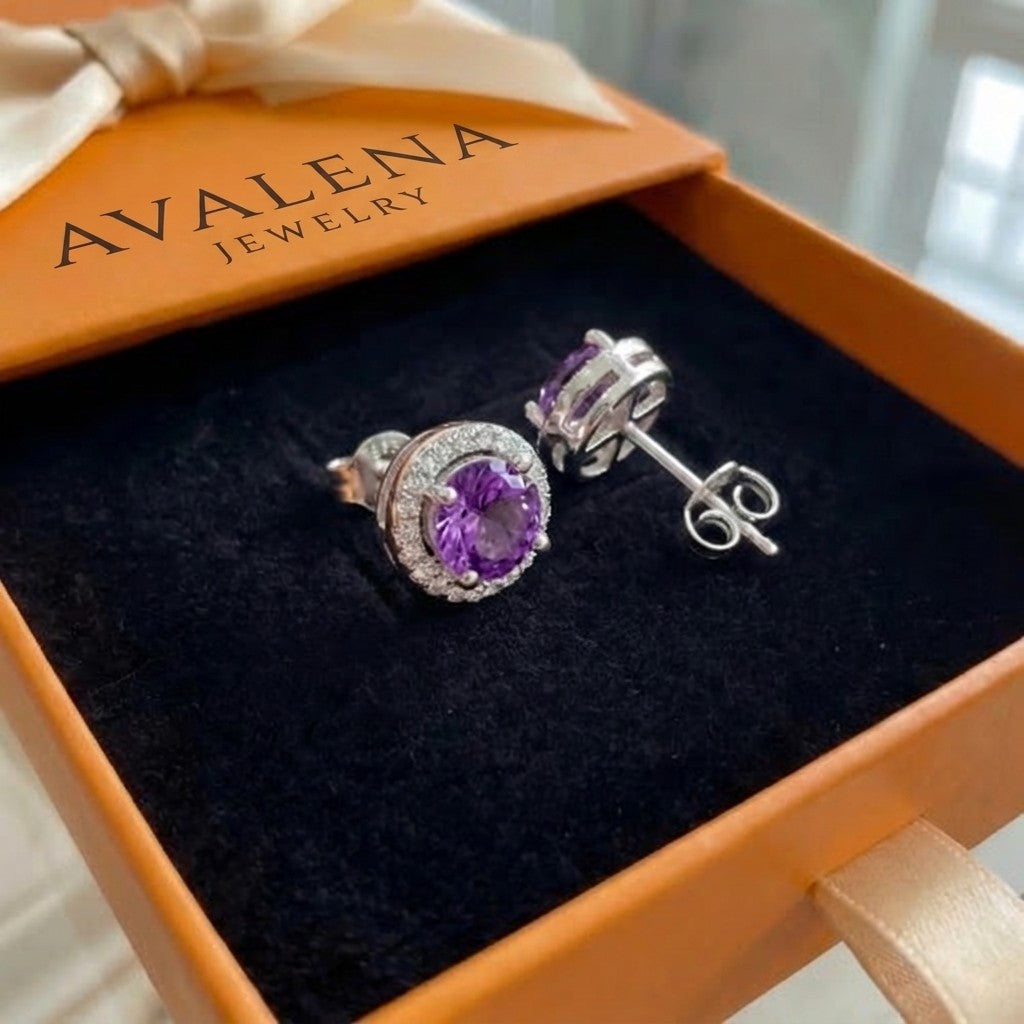 Amethyst Round Pave Studs | White Gold