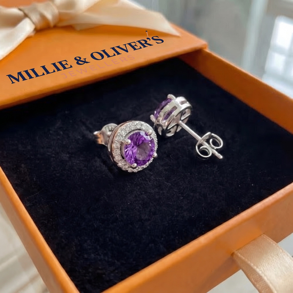 Amethyst Round Pave Studs | White Gold