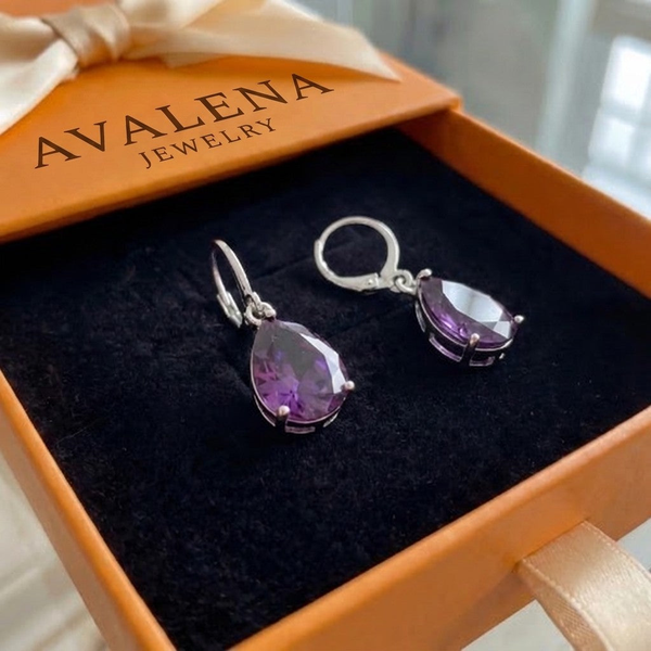 Amethyst Teardrop Earrings | White Gold