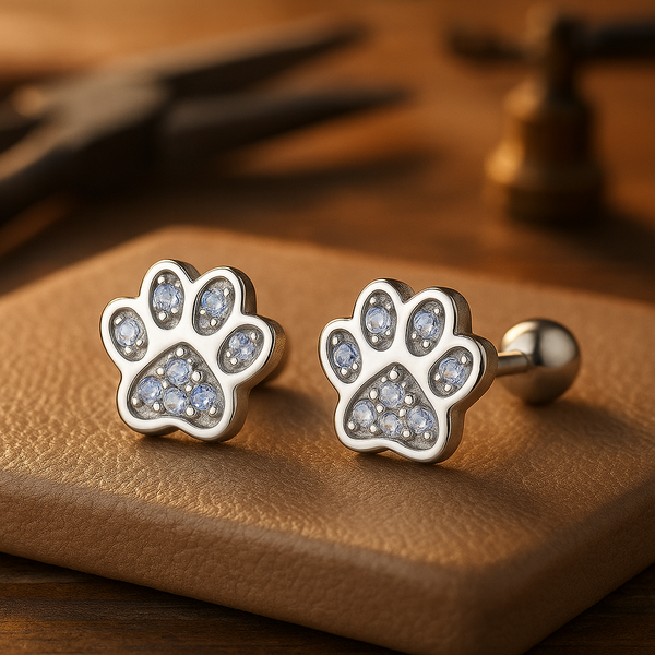 Sterling Silver Paw Print Stud Earrings | Crystal Accent