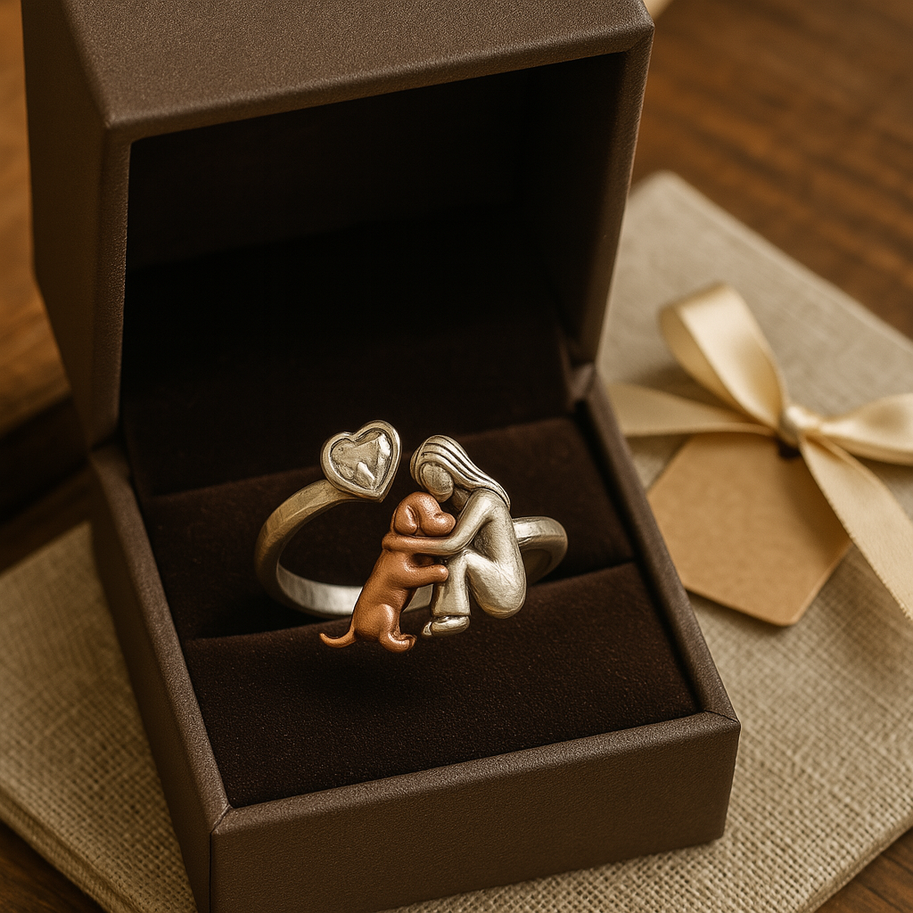 Handcrafted 925 Sterling Silver Dog Ring with Heart-Shaped Zirconia | Adjustable Fit