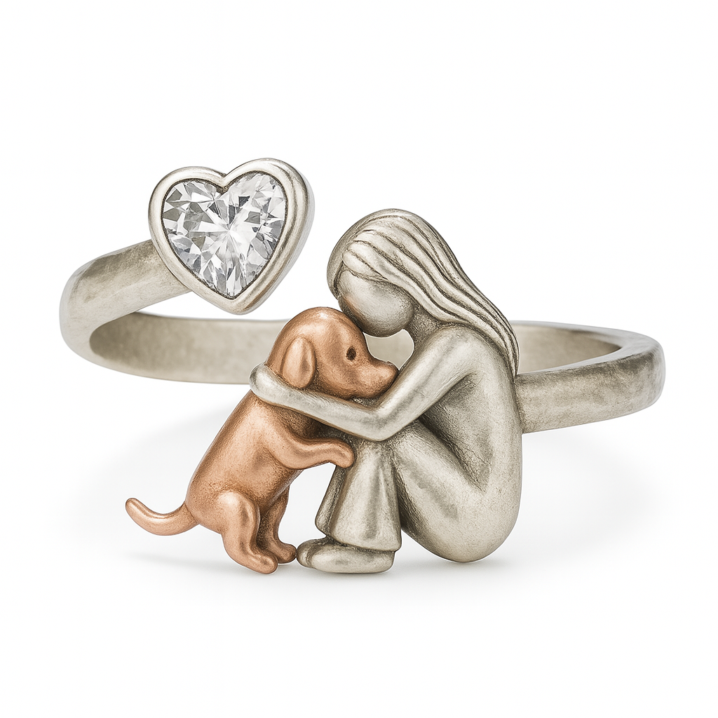 Handcrafted 925 Sterling Silver Dog Ring with Heart-Shaped Zirconia | Adjustable Fit