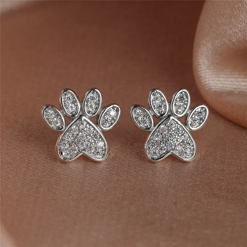 White Zirconia Paw Studs | Heart-Shaped Design