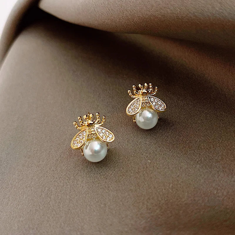 Honey Bee Pearl Stud Earrings | Elegant Gold-Tone Jewelry for Women