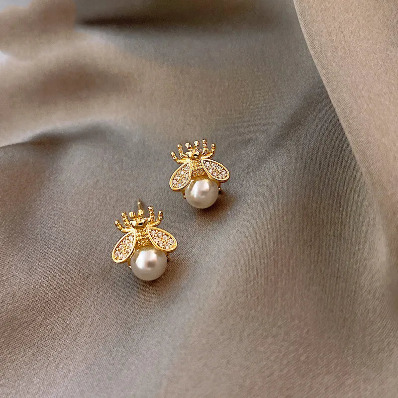 Honey Bee Pearl Stud Earrings | Elegant Gold-Tone Jewelry for Women
