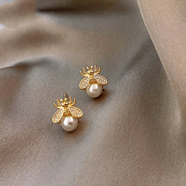 Honey Bee Pearl Stud Earrings | Elegant Gold-Tone Jewelry for Women