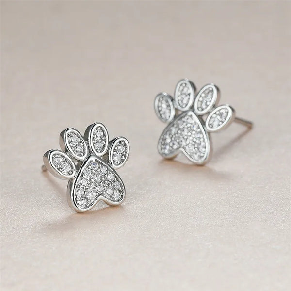 White Zirconia Paw Studs | Heart-Shaped Design