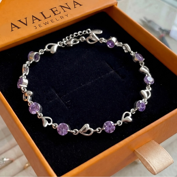 Heart Charm Amethyst Bracelet | White Gold