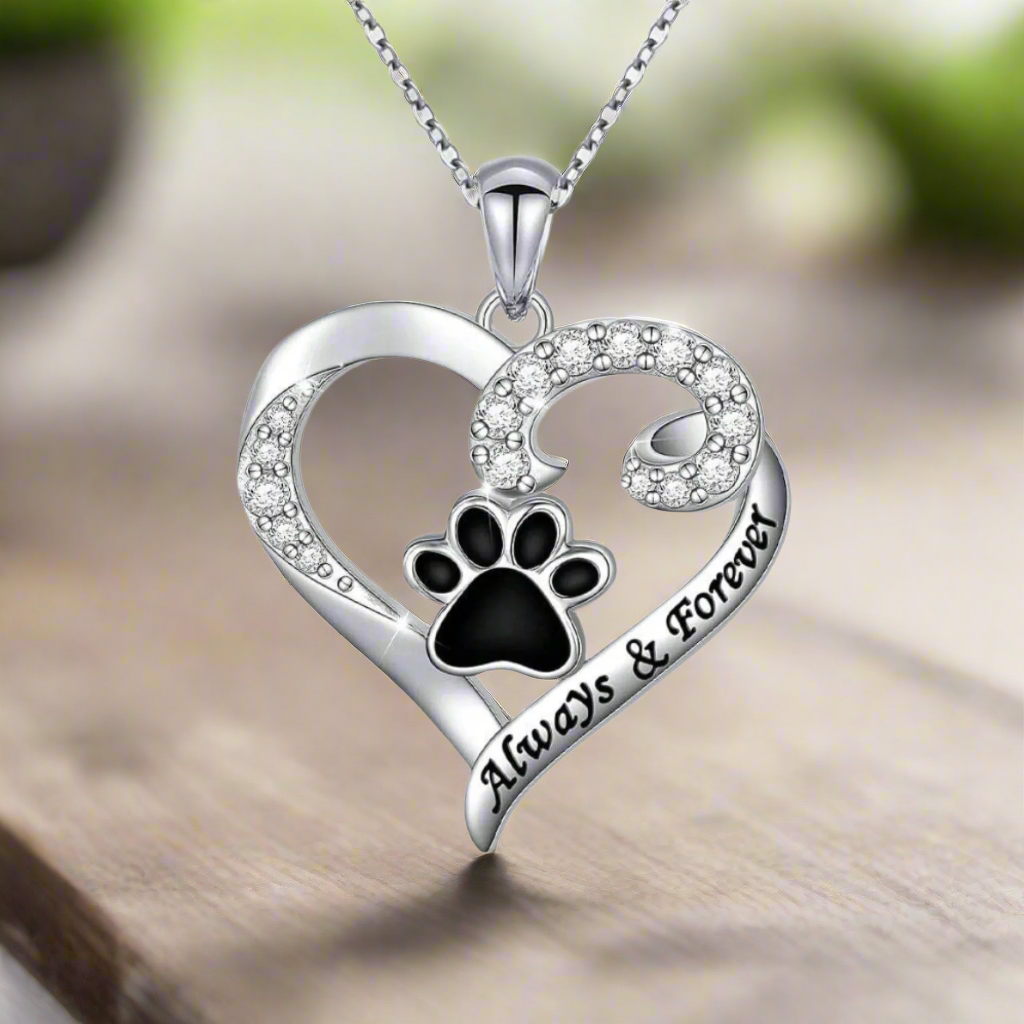 Dog Paw Necklace | Heart Design in Stainless Steel with Zirconia