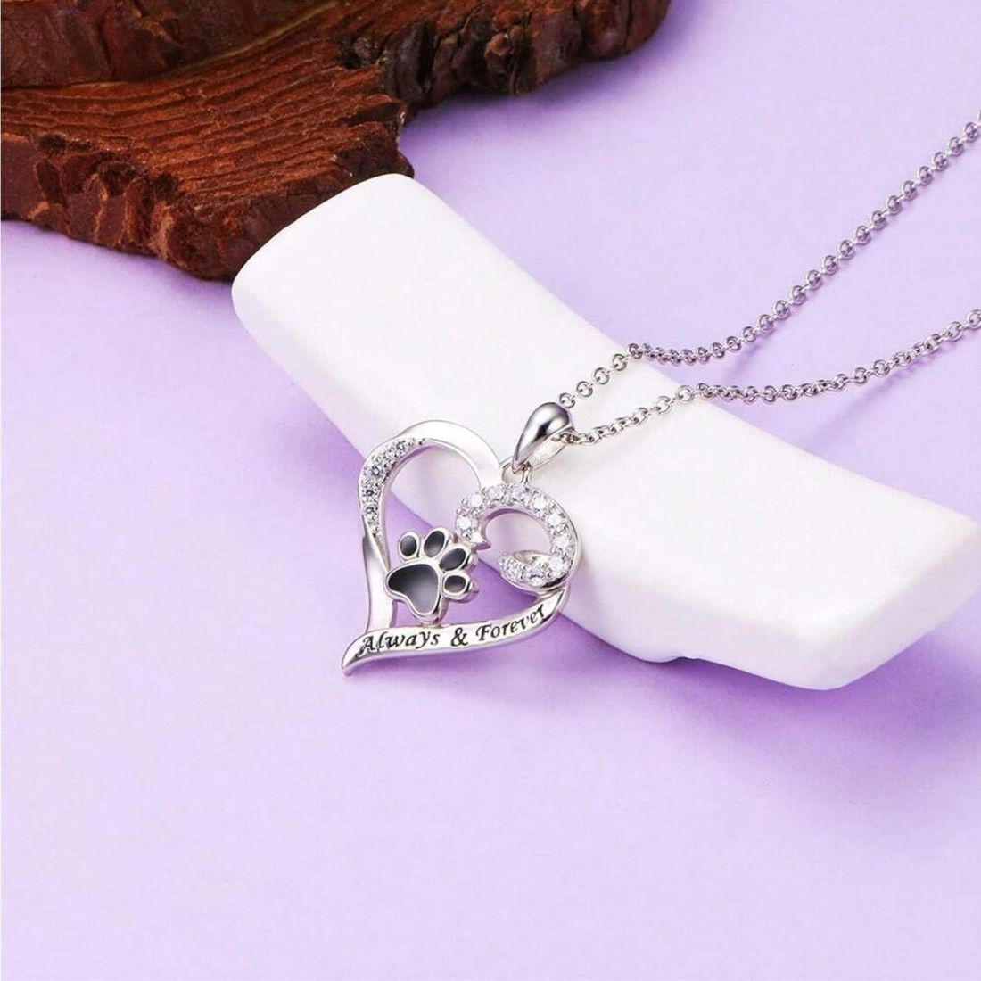 Dog Paw Necklace | Heart Design in Stainless Steel with Zirconia