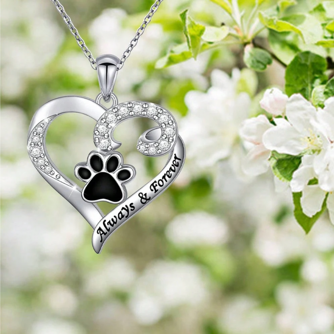 Dog Paw Necklace | Heart Design in Stainless Steel with Zirconia