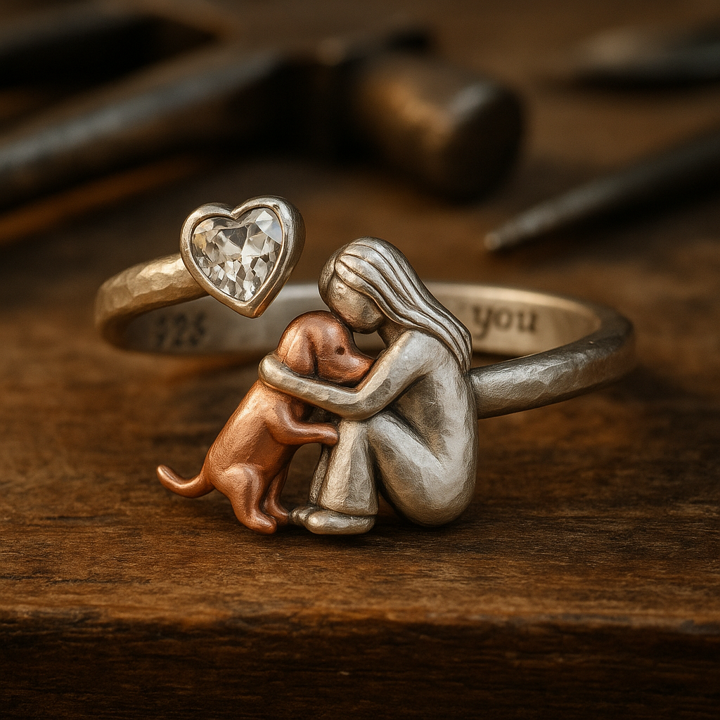 Handcrafted 925 Sterling Silver Dog Ring with Heart-Shaped Zirconia | Adjustable Fit