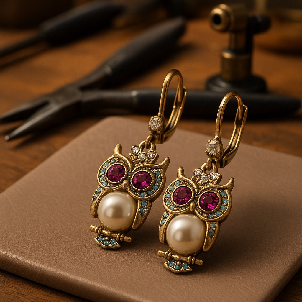 Vintage Owl Crystal Earrings | Gold-Plated, Hand-Set Crystals & Pearl Detail