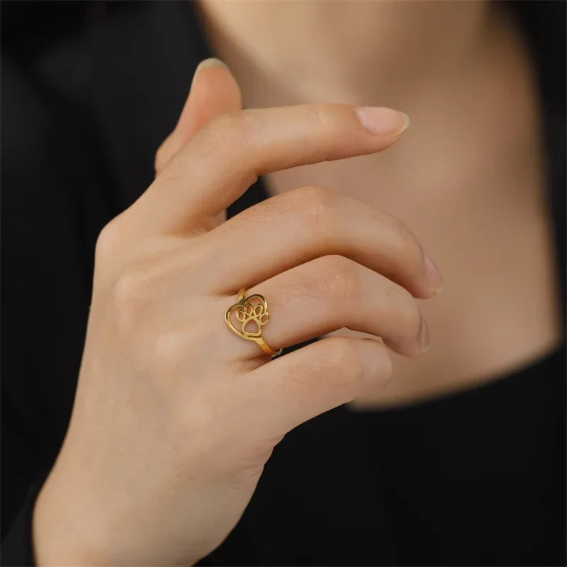 Gold-Tone Paw & Heart Ring | Stainless Steel Jewelry for Pet Lovers