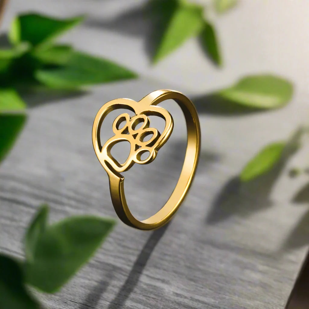 Gold-Tone Paw & Heart Ring | Stainless Steel Jewelry for Pet Lovers