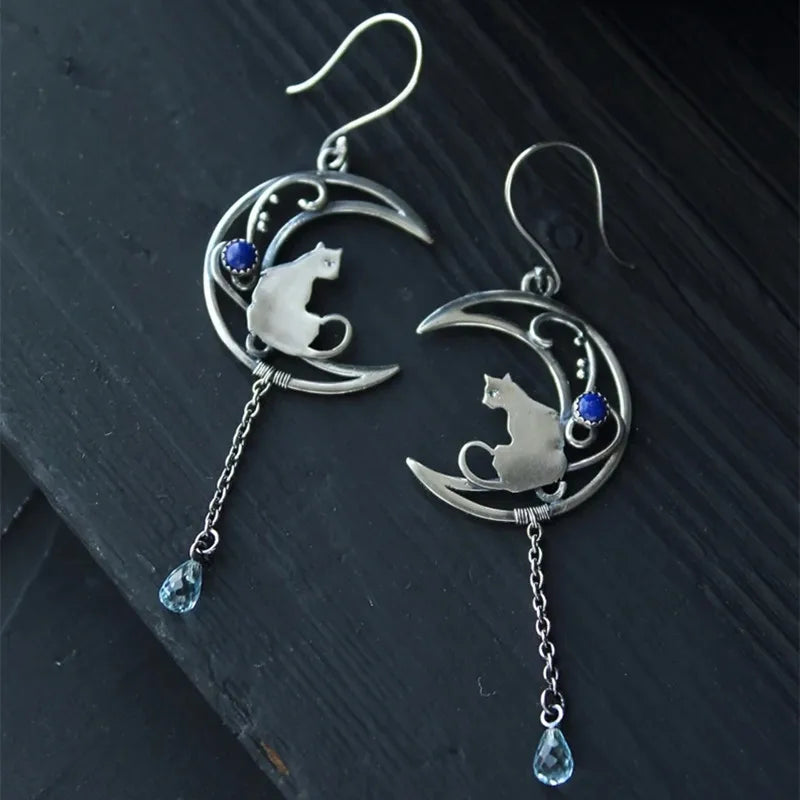 Moonlight Cat Earrings | Vintage Crescent Design with Lapis Lazuli Gemstone