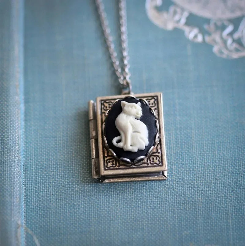 Vintage Cat Book Pendant Necklace ,  Rotating Page Design