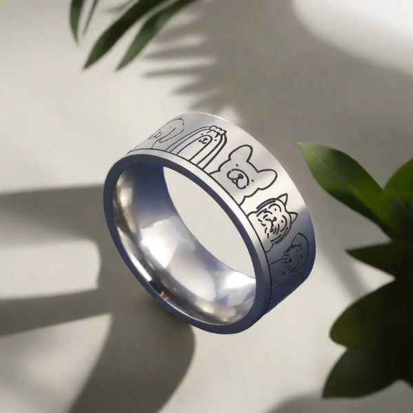 Wide Stainless Steel Dog Ring | Engraved Design for Women