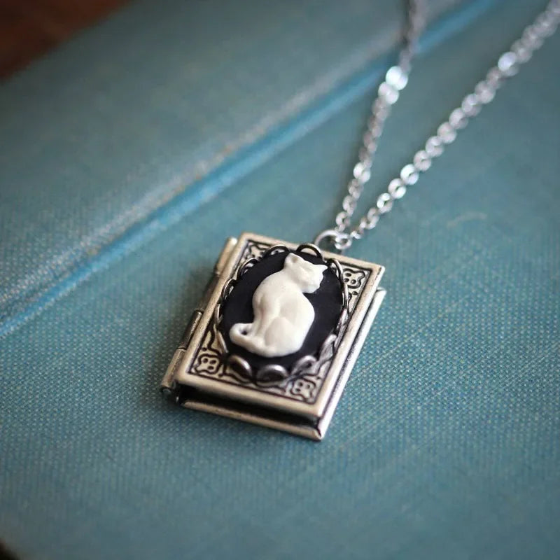 Vintage Cat Book Pendant Necklace ,  Rotating Page Design