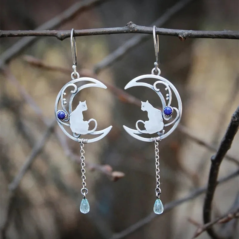 Moonlight Cat Earrings | Vintage Crescent Design with Lapis Lazuli Gemstone