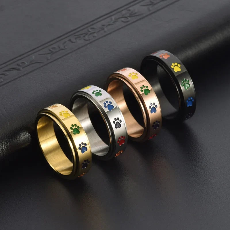 Spinning Stress Reducing Paw Ring | Stainless Steel with Rainbow Paws