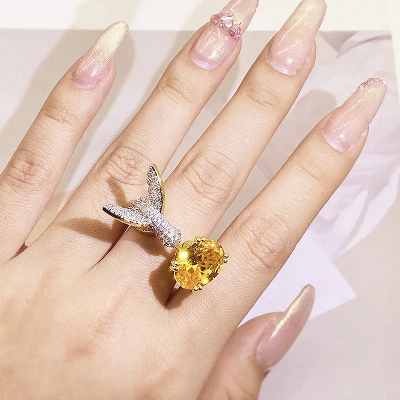Adjustable Hummingbird Gemstone Ring | Zircon, 14K Gold Plated