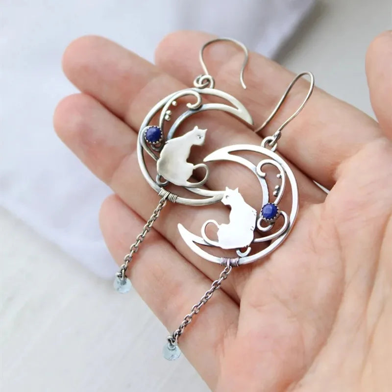 Moonlight Cat Earrings | Vintage Crescent Design with Lapis Lazuli Gemstone