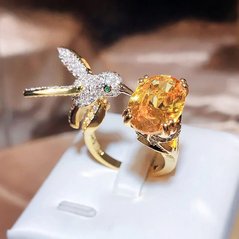Adjustable Hummingbird Gemstone Ring | Zircon, 14K Gold Plated